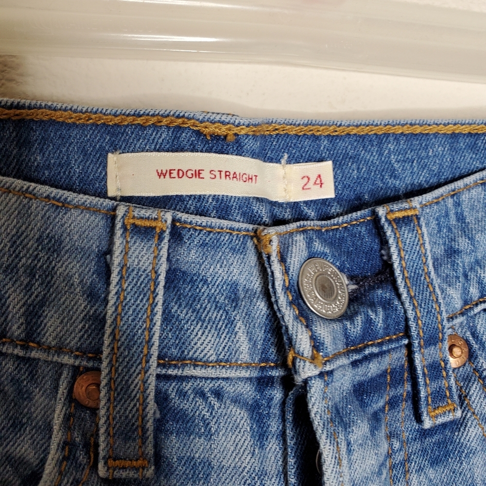 Levi's x Free People Blue Plaid Print High Rise Button Fly Wedgie Straight Jeans - Picture 11 of 13